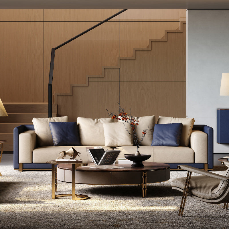 Contemporary Full-Grain Leather Sectional Sofa, Elegant Home Style