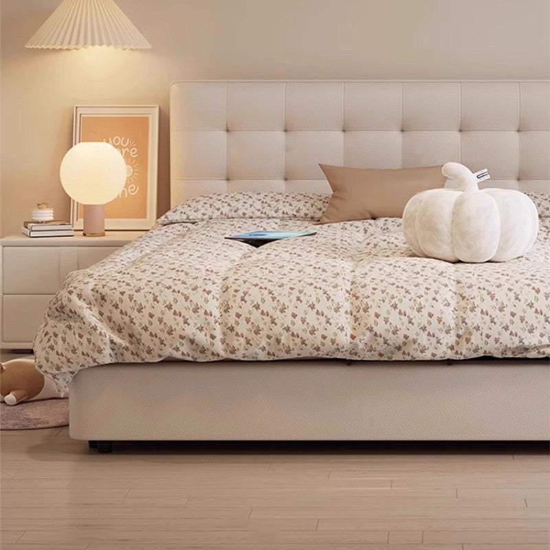 Modern Cream Leather Bed, Stylish Waffle Design for Master Bedroom