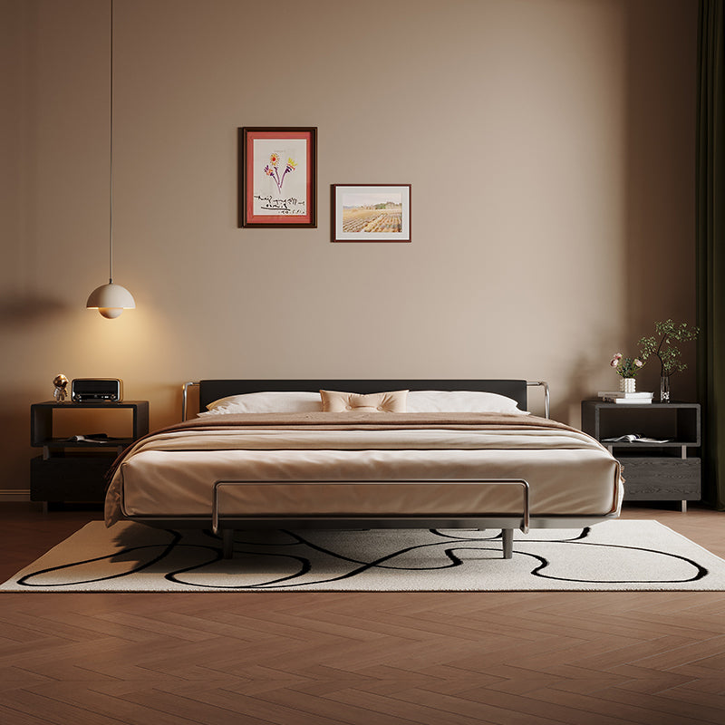 Modern Vintage Floating Bed, Small Apartment Metal Frame with Leather