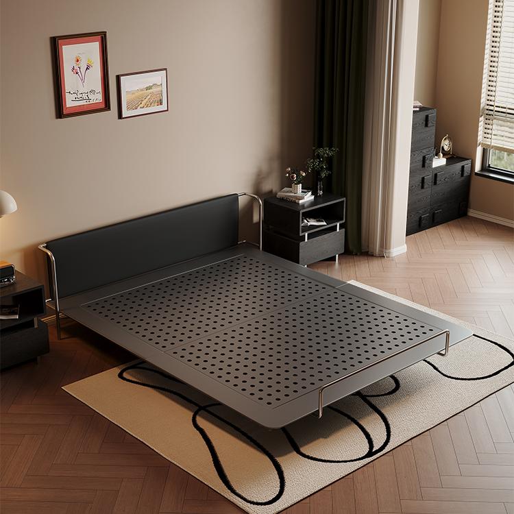 Modern Vintage Floating Bed, Small Apartment Metal Frame with Leather