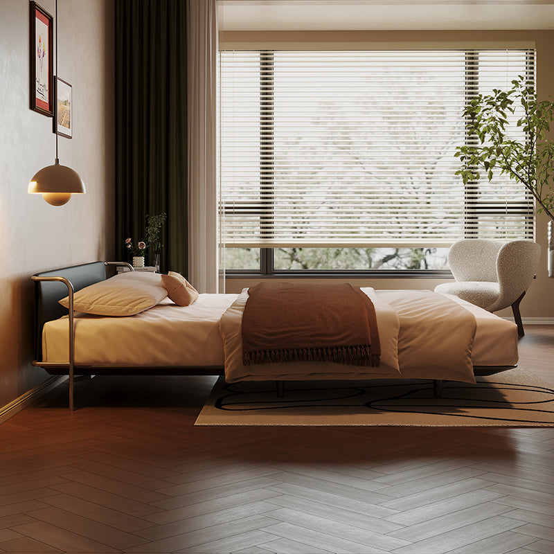 Modern Vintage Floating Bed, Small Apartment Metal Frame with Leather