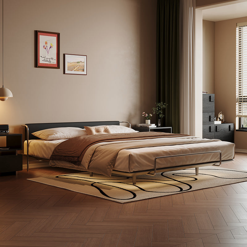 Modern Vintage Floating Bed, Small Apartment Metal Frame with Leather