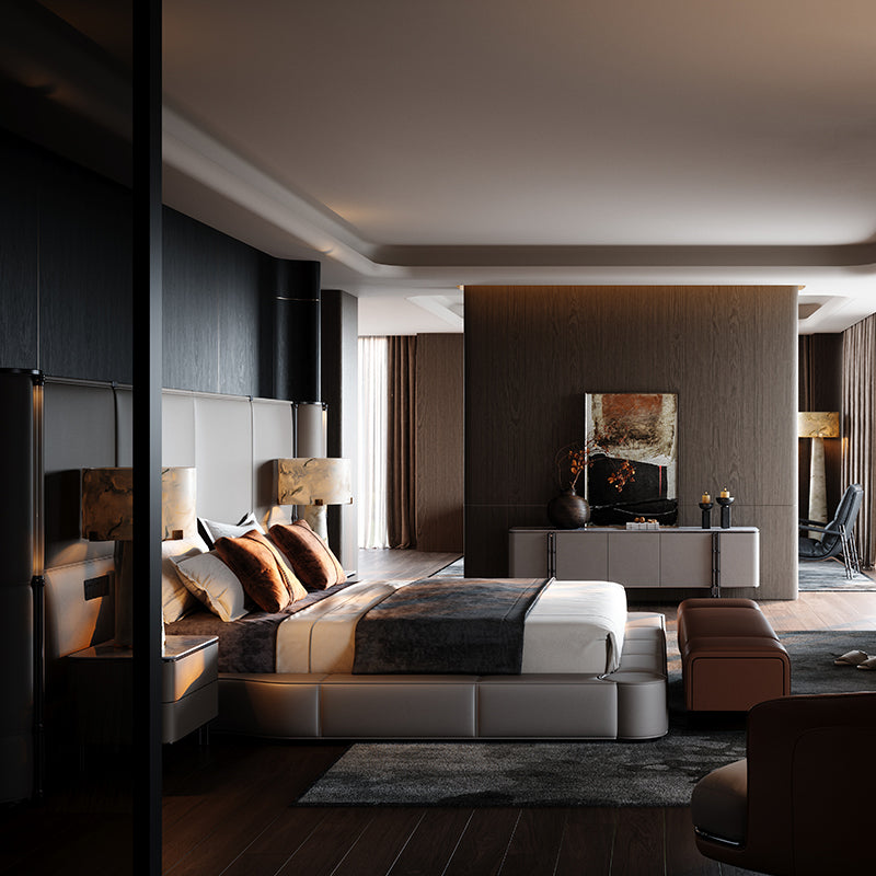 Contemporary Italian Leather Master Bed, Premium Villa Bedroom Design