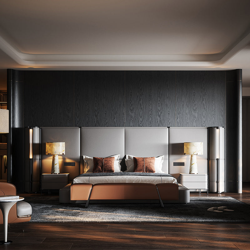 Contemporary Italian Leather Master Bed, Premium Villa Bedroom Design