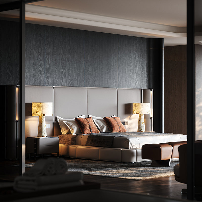 Contemporary Italian Leather Master Bed, Premium Villa Bedroom Design