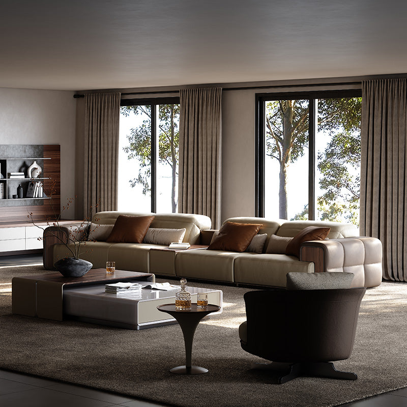 Genuine Leather Curved Sectional Sofa, Minimalist Villa Aesthetic