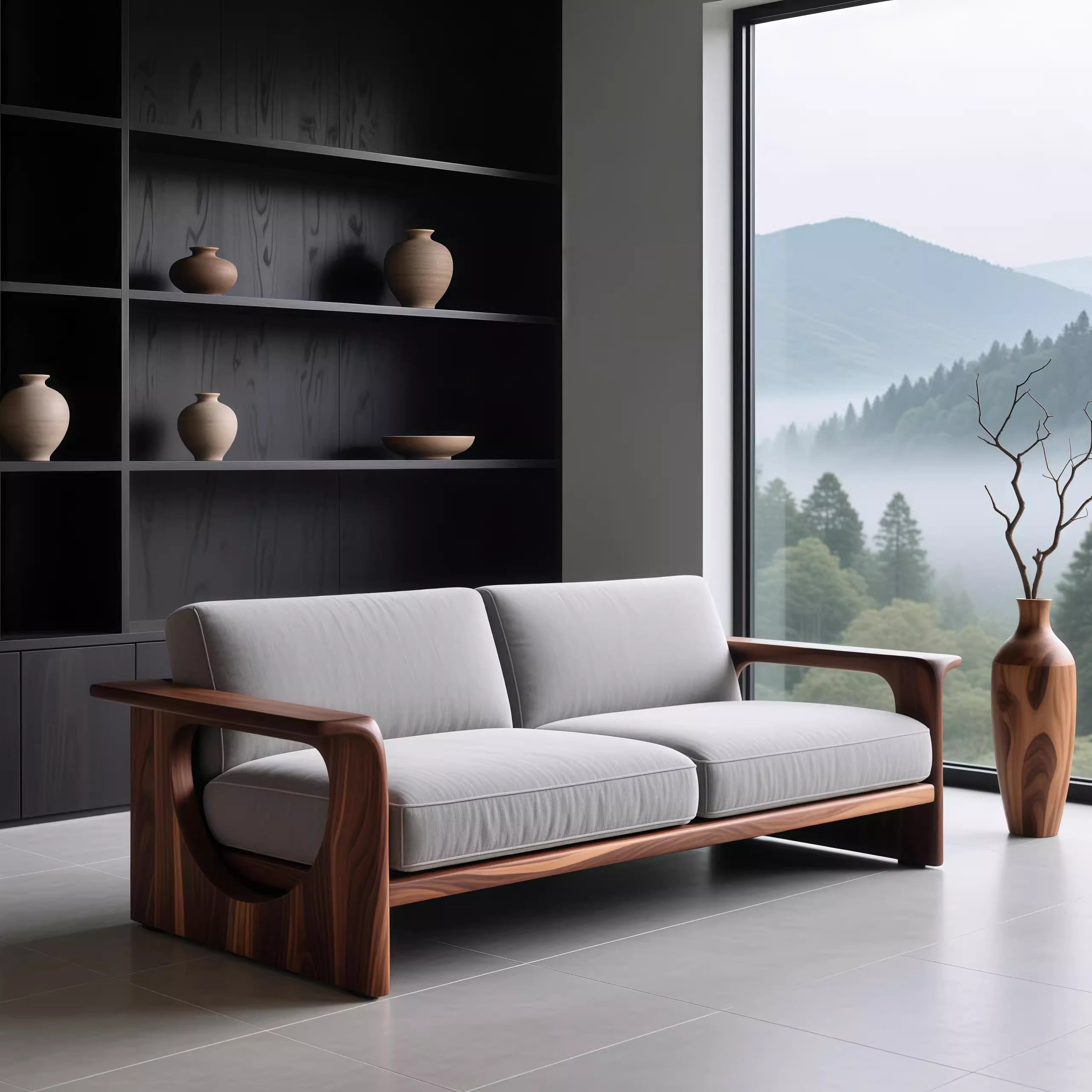 High-End Solid Wood Sofa, Chinese-Inspired Walnut Design 3-Seater