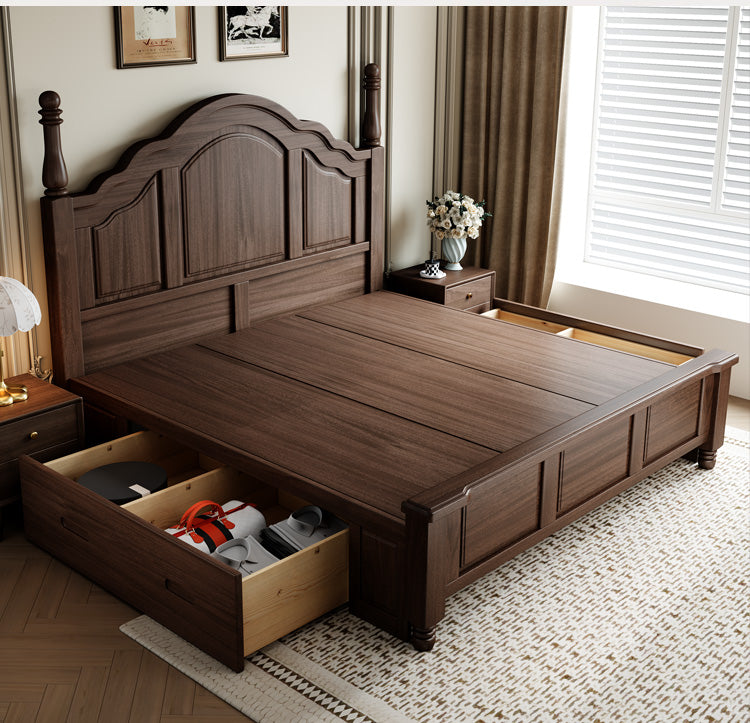 Modern Chinese Walnut Wood Bed, 180cm Double with Storage