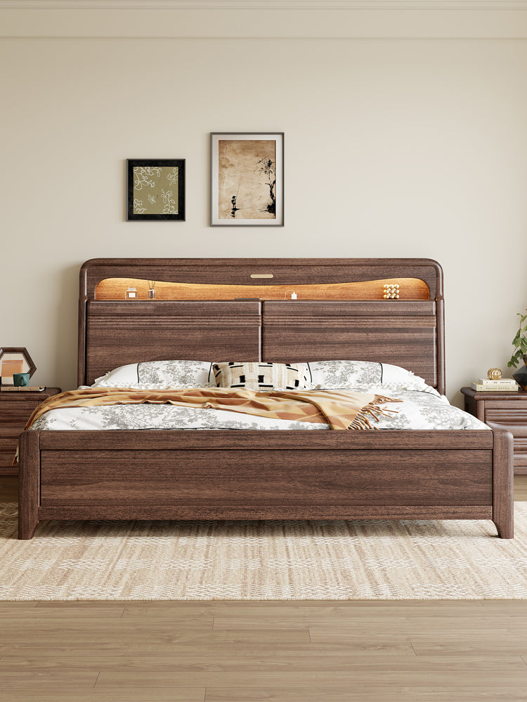 High-End Solid Walnut Bed, 1.8m Double with Minimalist Storage Headboard