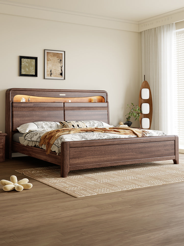 High-End Solid Walnut Bed, 1.8m Double with Minimalist Storage Headboard