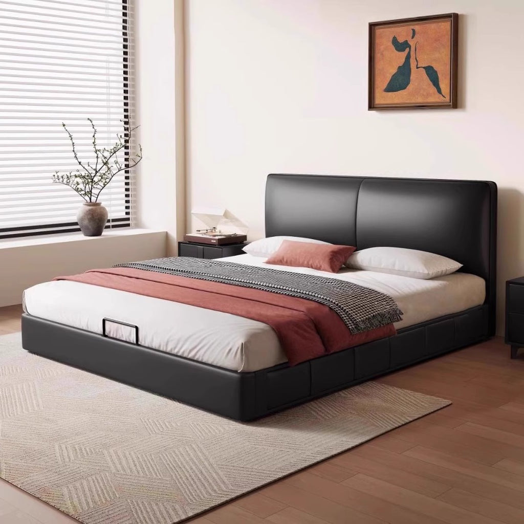 Contemporary Italian Leather Bed, Elegant Black Upholstered Storage